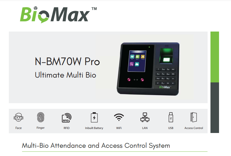 Biomax Wi-Fi Face Biometric attendance and Access Machine with inbuilt Battery N-BM70W PRO