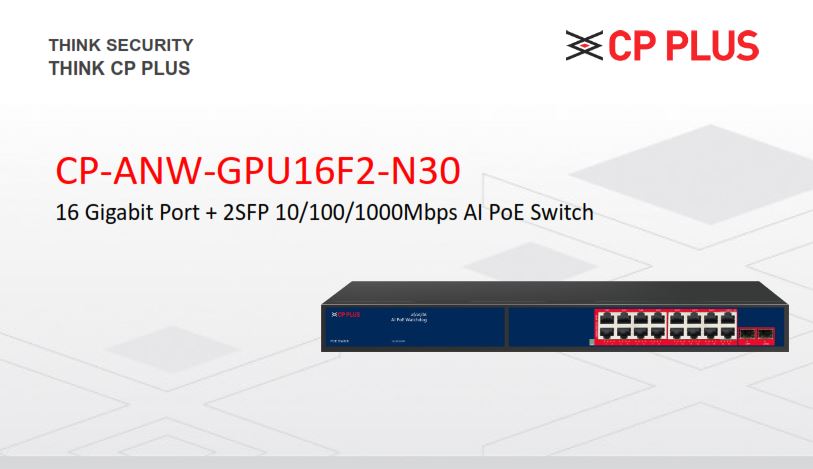 CP Plus 16 Gigabit Port + 2SFP 10/100/1000Mbps AI PoE Switch