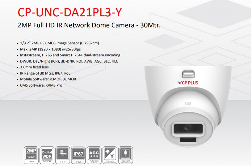CPPLUS 2MP IP IR Network Dome Camera - 30Mtr. CP-UNC-DA21PL3-Y