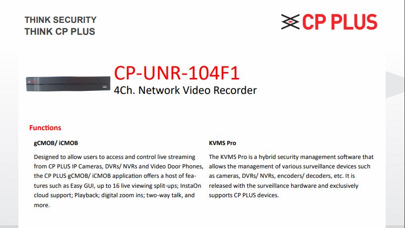 CPPLUS 4Ch. Network Video Recorder (NVR) CP-UNR-104F1