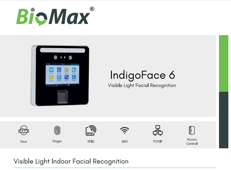 Biomax AI Facial cum Fingerprint Attendance Device IndigoFace 6